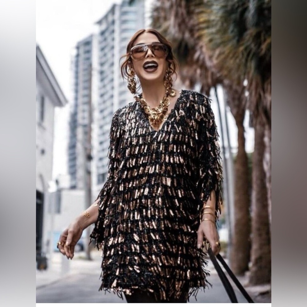 ZARA Black & Gold Sequin Fringe Mini Dress – Size M